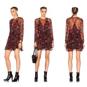 IRO Mini Dress Ressey Black/Red Ruffled Chiffon Long Sleeve Size 36/6 US